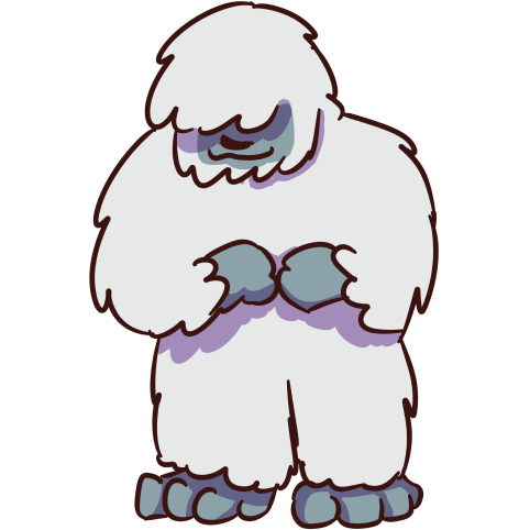  a shy looking yeti with white fur, blue hands and feet and a blue face.